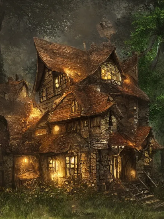 Image similar to old house in the woods, highly detailed, digital art, sharp focus, raytracing, trending on art station, warhammer fantasy setting,