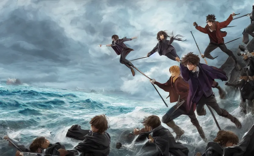 Prompt: harry potter having the final battle at the ocean against a army, artstationhq, digital painting, fantasy, anime, semi realism.