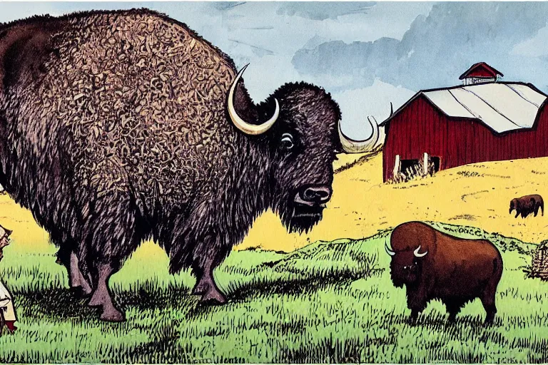 Image similar to a detailed illustration of a buffalo drinking red wine in a vineyard by a barn. by bill watterson and bob ringwood