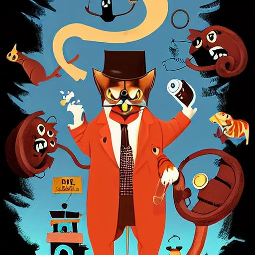 Prompt: Mr Cat and doctor dog, Terror movie poster, artwork by Cory Loftis