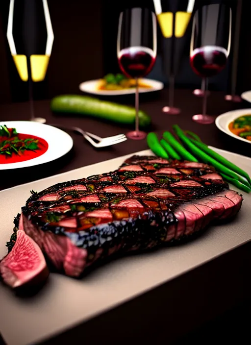 Prompt: hyperrealism, detailed textures, photorealistic 3 d render, a michelin steak dinner with fresh vegetables and red wine, ultra realistic, ultra high pixel detail, cinematic, intricate, cinematic light, concept art, illustration, art station, unreal engine 8 k