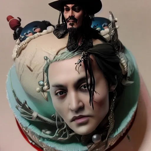 Image similar to johnny depp wearing a cake, warm fantasy, wenjun lin, studio ghibli, artgerm