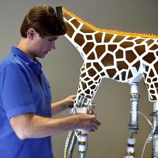 Image similar to prototype robot giraffe being worked on by one scientists engineer, joe biden.