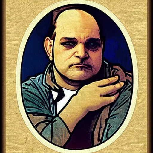 Prompt: “ portrait of george costanza holding grumpy cat, very detailed, by alphonse mucha ”