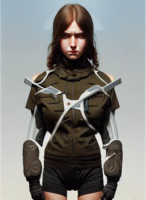 Image similar to hyper - realistic portrait of a female hunter, symmetrical face and body, symmetrical composition, dynamic wavy hair, detailed designs, digital painting, 4 k, by ilya kuvshinov, by greg rutkowski, atmospheric lighting