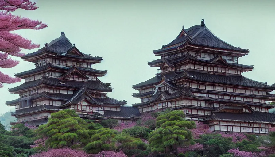 Image similar to A highly detailed matte painting of the huge japanese castle, wooden and dark, with matsu pine trees, with sakura cherry trees, by Studio Ghibli, Makoto Shinkai, by Artgerm, by beeple, by Greg Rutkowski, volumetric lighting, octane render, 4K resolution, trending on artstation, masterpiece