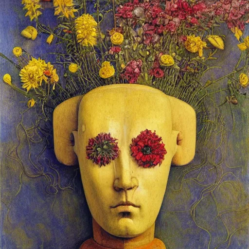 Image similar to masterpiece painting of the head of a robot wearing a mask made of flowers, by annie swynnerton and diego rivera and jean delville, flower mask, symbolist, dramatic lighting, god rays, elaborate geometric ornament, art brut, soft cool colors, smooth, sharp focus, extremely detailed, adolf wolfli