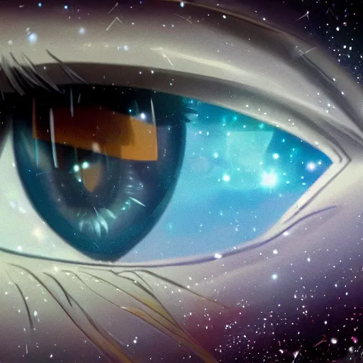Image similar to a beautiful girl's eyes, vast stars are hidden in the eyes, 8 k, stunning, dream, highly detailed, super macro, surrealist, close - up view, makoto shinkai
