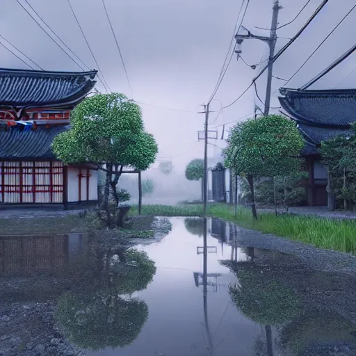 Prompt: still photo of rain puddles and reflections in a japanese village, cloudy weather, highly detailed, photorealistic shot, bright studio setting, studio lighting, crisp quality and light reflections, unreal engine 5 quality render