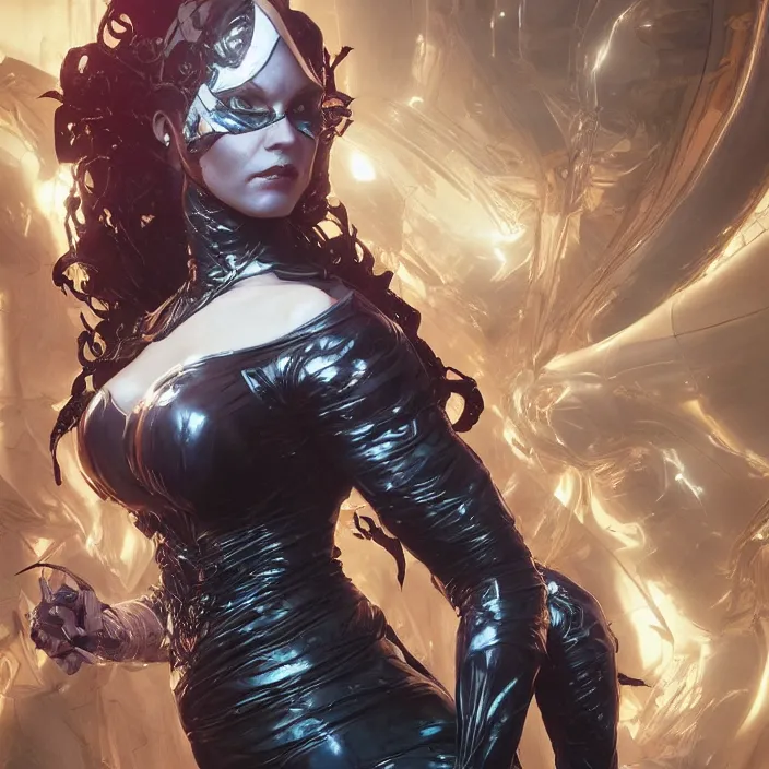 Image similar to a beautiful female super villain being evil, ultra realistic, concept art, intricate details, serious, highly detailed, photorealistic, octane render, 8 k, unreal engine, art by todd mcfarlane and artgerm and greg rutkowski and alphonse mucha