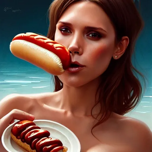 Image similar to Victoria Beckham eating Hot Dogs, dripping BBQ Sauce, serving big macs, D&D, spilling ketchup, fantasy, intricate, elegant, highly detailed, digital painting, artstation, concept art, matte, sharp focus, illustration, hearthstone, art by Artgerm and Greg Rutkowski and Alphonse Mucha