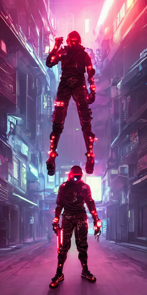 Image similar to sci-fi cyberpunk street samurai neon lights, fighter pose, inside fight cage, realistic, 8k, full body, katana, baggy clothes