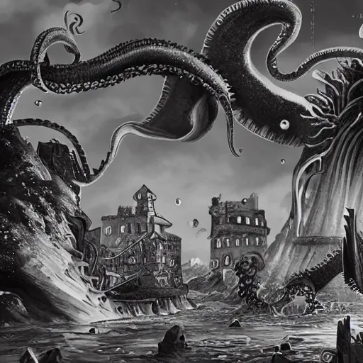 Image similar to kraken destroys a medieval town in the style of kentaro miura, 4 k, 8 k, absolute detailing of even the smallest details and particles, beautiful shadows, beautiful art, black and white drawing