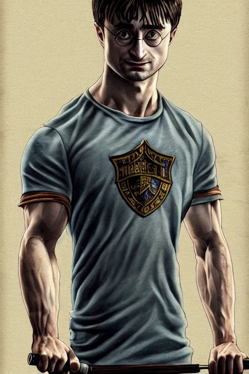 Image similar to highly detailed rendering of Daniel Radcliffe as Harry Potter doing barbell back squats, dingy workout gym, wearing a muscle tee shirt, muscular deep squats, symmetrical, highly detailed, digital painting, artstation, concept art, smooth, sharp focus, illustration, cinematic lighting, art by artgerm and greg rutkowski and alphonse mucha