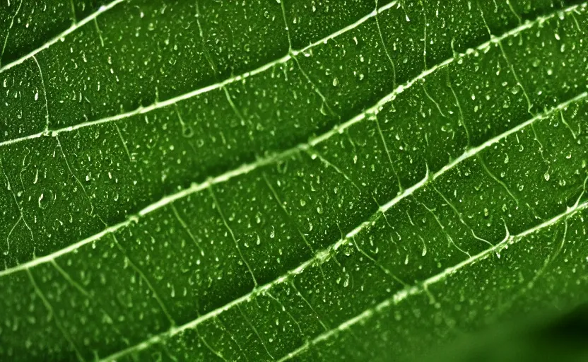 Prompt: zoom in of a tree leaf, highly detailed, water drops