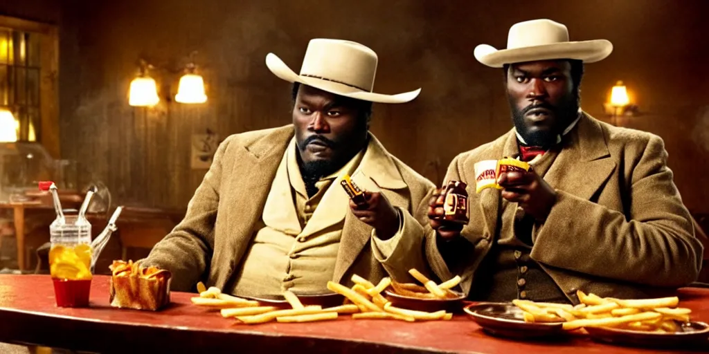 Image similar to fat Django unchained in Macdonald's eat cheeseburger and French fries and drink coca cola.