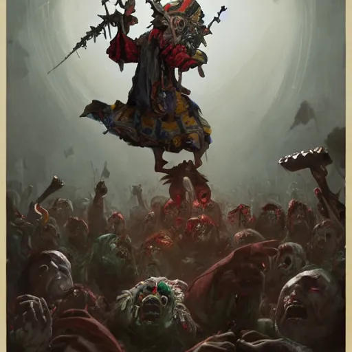 Prompt: a scared jester dressed in jester clothes plays an ornate musical instrument surrounded by a crowd of hungry zombies, concept art, trending on artstation, by greg Rutkowski