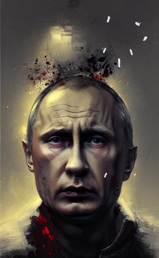 Prompt: detailed portrait of angry vladimir putin, volumetric light from below, merciless, cold, reflective military puffy coat with blood splats by ismail inceoglu dragan bibin hans thoma greg rutkowski alexandros pyromallis nekro rene maritte illustrated, perfect face, fine details, realistic shaded, fine - face, direct glaze