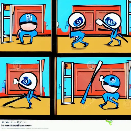 Image similar to cartoon humanoid windows machines beating a cartoon linux machine with baseball bats. Comic style, few colors