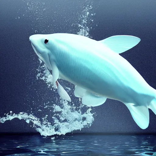 Image similar to a large white - blue aquatic animal jumping out of the water, a digital rendering by maki haku, trending on deviantart, rayonism, hyper - realistic, photorealistic, hyper realism.