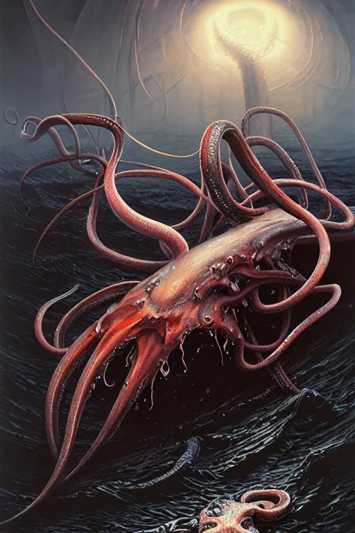 Image similar to giant squid by anna podedworna, ayami kojima, greg rutkowski, giger, maxim verehin