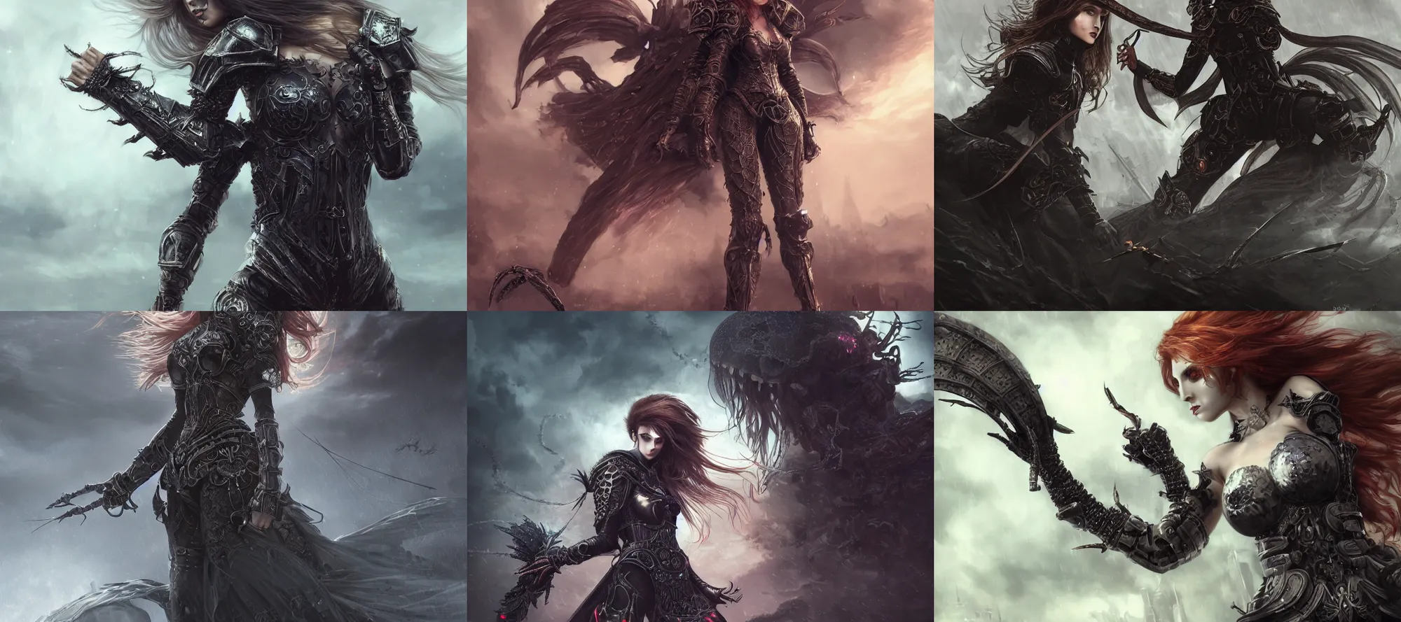 Prompt: ultra realist and ultra intricate detailed soft painting of a beautiful gothic armored female mage, fighting a gigantic spider, thin lustrous long auburn hair, symmetry features, sensual gloomy style, volumetric clouds, cyberpunk background, artstation, unreal render, depth of field
