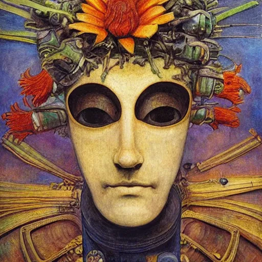 Prompt: masterpiece painting of the head of the robot flower king, by annie swynnerton and diego rivera and jean delville and tino rodriguez, flower mask, symbolist, dramatic lighting, god rays, elaborate geometric ornament, art brut, soft cool colors, smooth, sharp focus, extremely detailed, adolf wolfli