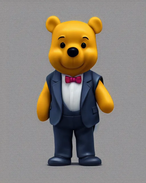 Image similar to full body 3d render of unhappy winnie-the-pooh wearing a suit as a funko pop, studio lighting, white background, blender, trending on artstation, 8k, highly detailed