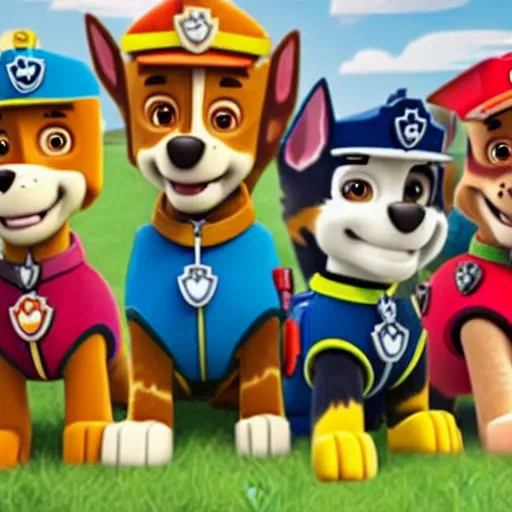 Image similar to still from paw patrol with chase from paw patrol making a goofy face