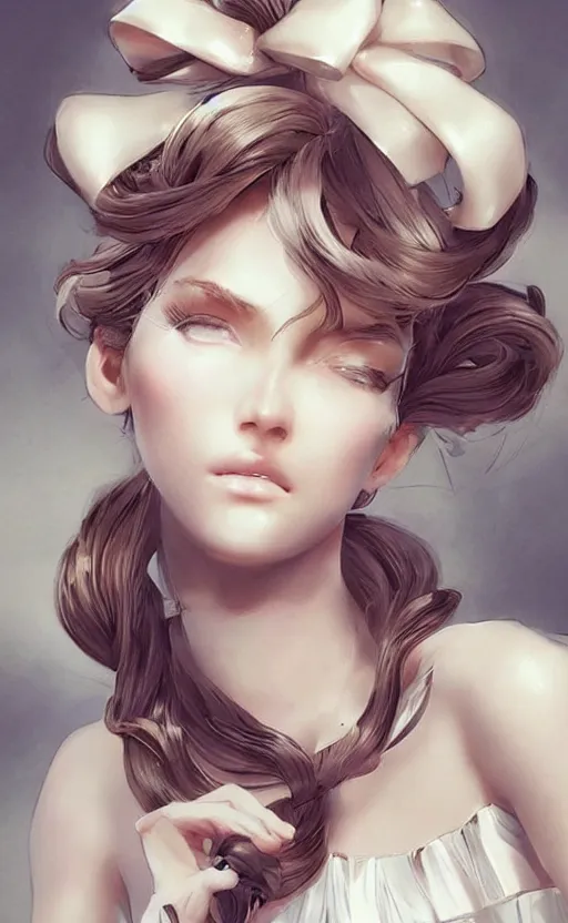 Image similar to beautiful hairstyle with a few pearls, tied with a white bow, pinterest hair picture, back of the hair, hair is the focus, In style of Yoji Shinkawa, krenz cushart, Greg Rutkowski, highly detailed