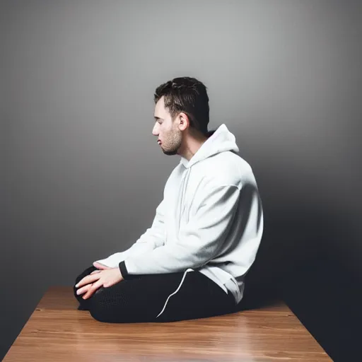 Image similar to guy in white hoodie sitting alone at a wooden table. black background