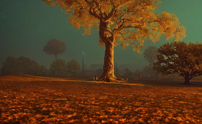 Prompt: A landscape with a giant oak tree in the fall at night, Low level, rendered by Beeple, Makoto Shinkai, syd meade, simon stålenhag, environment concept, synthwave style, digital art, unreal engine, WLOP, trending on artstation, 4K UHD image, octane render,