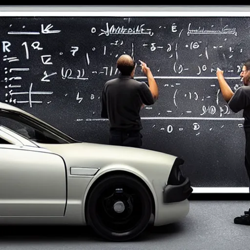 Prompt: a photo of Two car technicians fixing a futuristic car in a futuristic workshop , a blackboard covered with mathematical equations in the background, photo realistic, extremely detailed