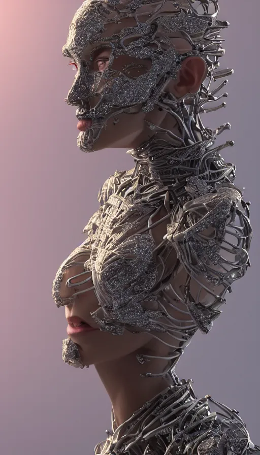 Image similar to full body detailed, ethereal, biomechanical, covered in diamonds and other gems glowing, highly detailed face, elegant posed, intricate, extremy detailed, beeple, cgsociety, 3 d unreal engine octane render. cinematic lighting, highly detailed 4 k art