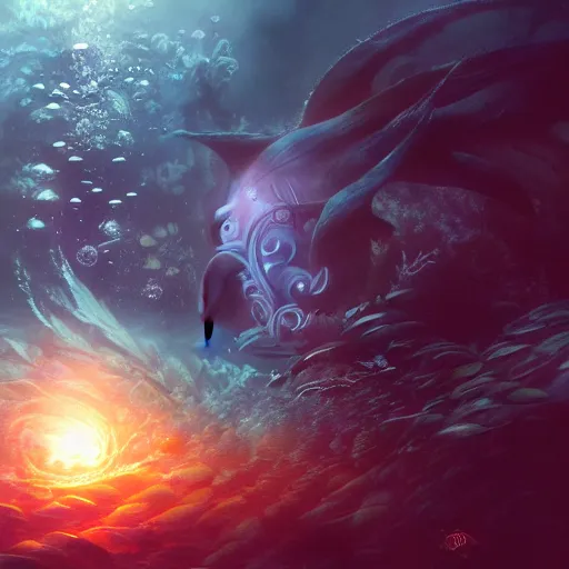 Image similar to beautifully stunning eye submerged in the depths of the ocean, james jean, brian froud, ross tran, ultra detailed, atmospheric, epic composition, coral reef, cinematic, unreal engine, flares, particles, volumetric light