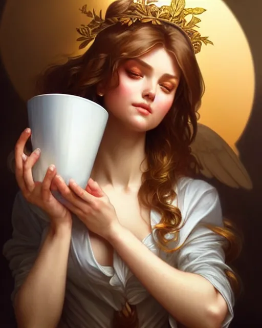 Prompt: a dreamy angelic barista pouring latte art, fantasy character portrait, ultra realistic, intricate, elegant, highly detailed, digital painting, artstation, smooth, sharp, focus, illustration, art by artgerm and greg rutkowski and alphonse mucha