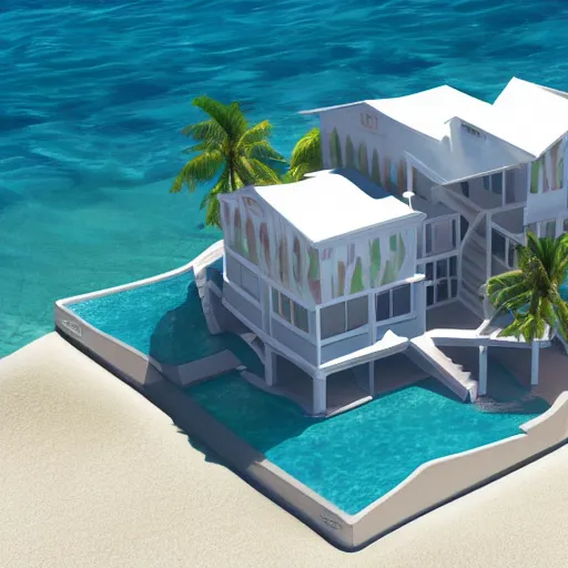 Image similar to “ a realistic model of a house floating on the beach of miami, 8 k render ”