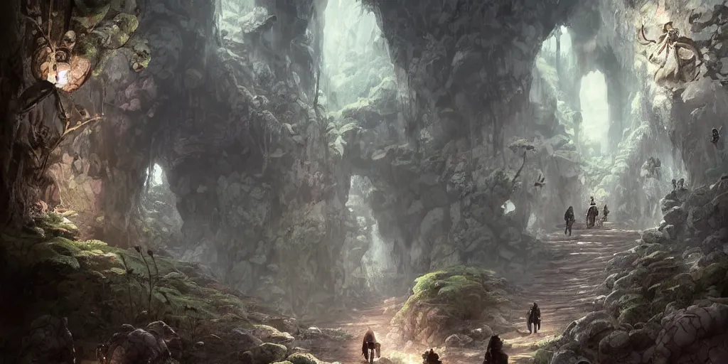 Image similar to drawfs trek along a path in an immense underground cavern, lit by magical light, giant mushrooms, dark fantasy, Greg Rutkowski and Studio Ghibli and Ivan Shishkin