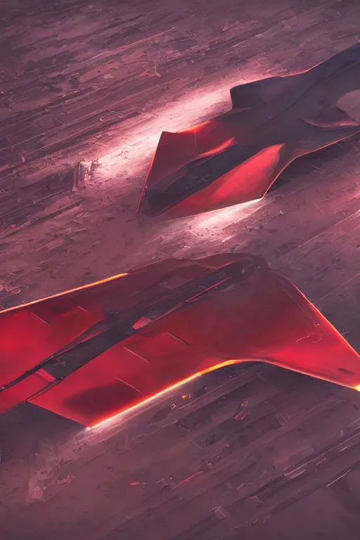 Image similar to professional photograph of a crashed neo - futuristic simplified symmetrical stealth fighter by ilm, denis villeneuve, emmanuel shiu, zaha hadid, dust, vapor, cinematic desert scene, red paint detail, manga, dramatic, volumetric, concept art, hard surface, hyperrealism, high detail, trending on artstation, sharp focus, rendered in octane