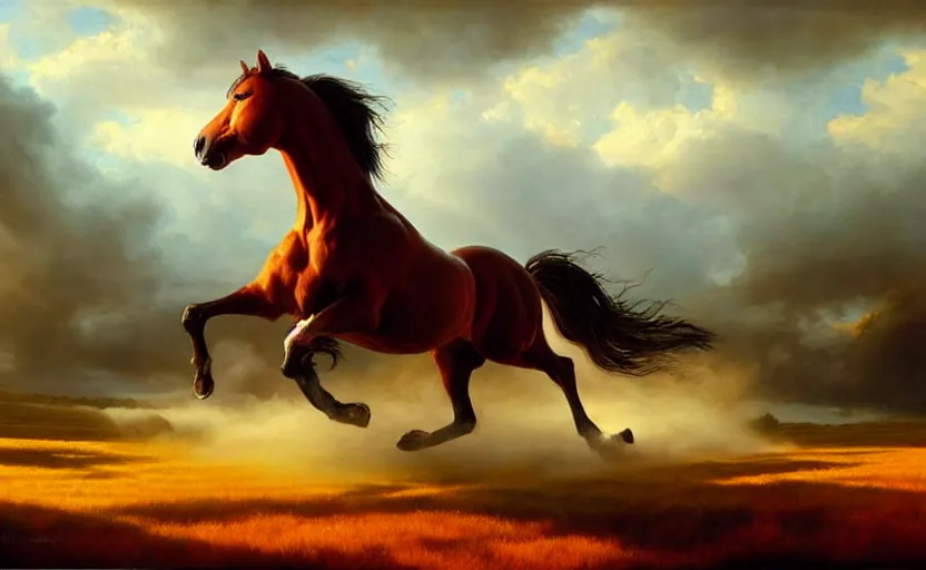Prompt: a masterpiece oil painting of a proud horse galloping. wide angle, fantasy art, alex ross, heroic lighting, very very very beautiful raytraced rendering, volumetric fog