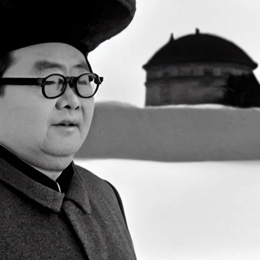 Image similar to filmstill of Kim Jong-il wearing a chapka in the role of Doctor Zhivago by David Lean, 1965, cinemascope, 35mm film, epic romance