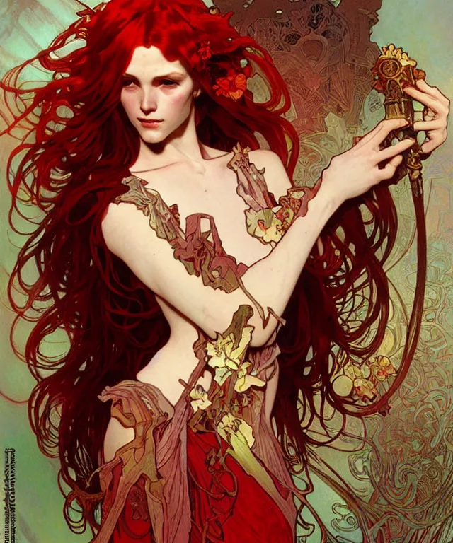 Image similar to a demonic princess with flowing red hair painting by alphonse mucha, greg ruthowski, detailed, henry ascensio, craig mullins, intricate and detailed