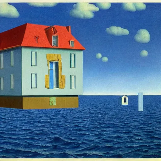 Prompt: a house floating in the middle of an ocean, by Rene Magritte