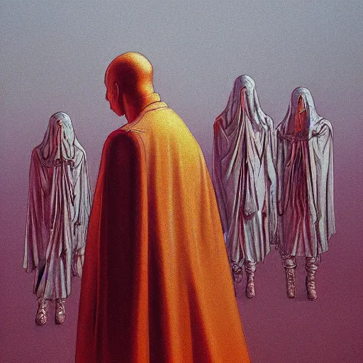 Image similar to the scene opens upon a bleeding android priest who is tending to his flock of children who are made of brilliant clear crystal, epic scope, cinematic, rule of thirds, hyperrealistic, 8 k, intricate detail, ultra detail, cyberpunk, superpop ultrabright, in the style of moebius, in the style of zdzisław beksinski.