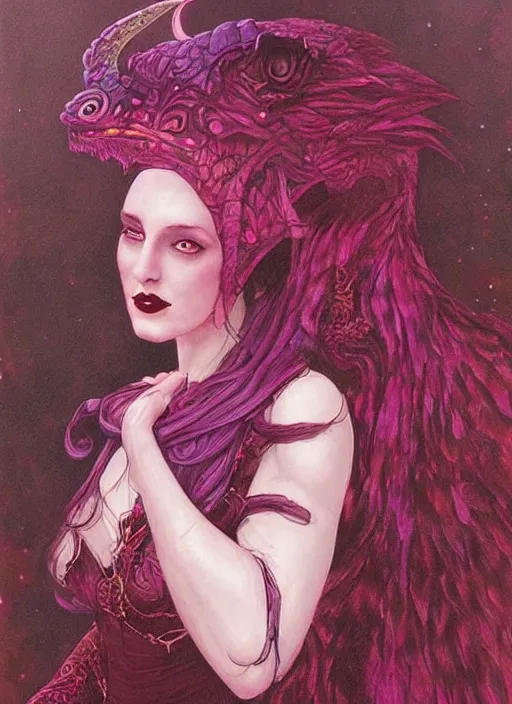 Image similar to portrait of princess of the dreamlands and moon beast, beautiful! coherent! by brom, deep colors, red maroon purple pink black, strong lines