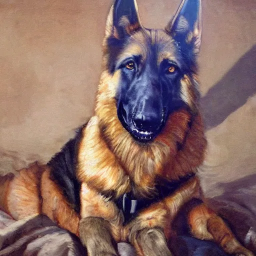 Image similar to a oil painting of a humanoid german shepherd beast - man, wearing military outfit, sitting on the carpeted floor beside a bed