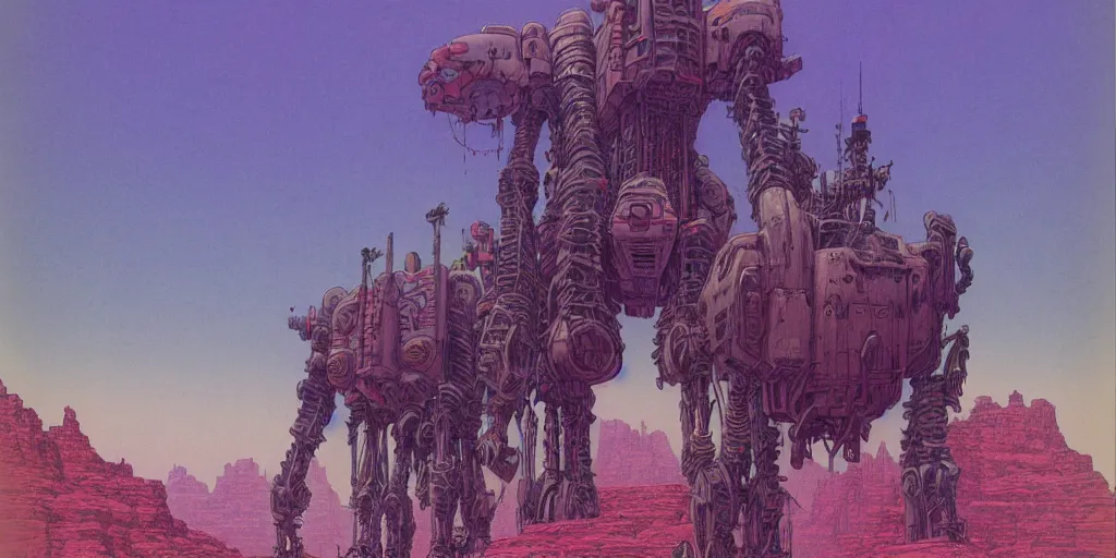 Image similar to grainy risograph matte painting of gigantic huge mech with huge swords, pastel matte colors, staying in the toxic canyon, filled with exotic animals on tall legs, by moebius, hyperrealism, intricate detailed