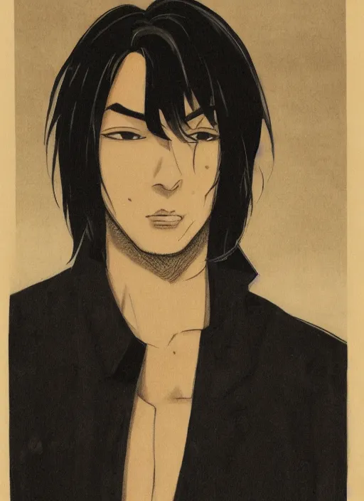 Prompt: portrait by yoji shinakawa, handsome male vampire, focus on face, pretty, long black hair, dark blue shirt, light brown coat