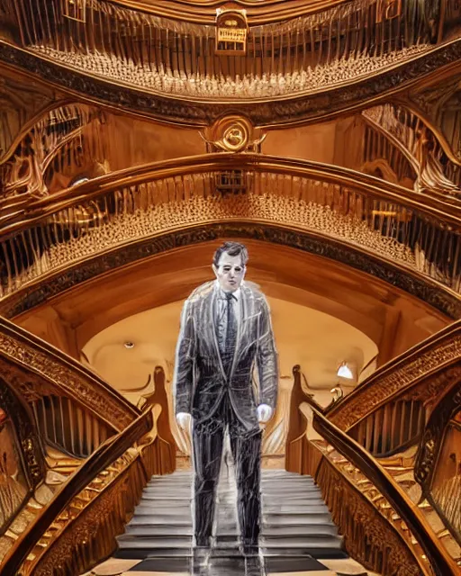 Prompt: michael mcintyre made of glass on staircase at livraria lello, real life skin, intricate, highly detailed, artstation, concept art, smooth, sharp focus, art by artgerm and greg rutkowski