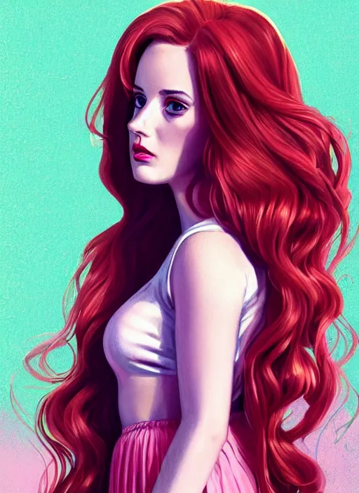 Image similar to full body portrait of teenage cheryl blossom, bangs, green eyes, sultry expression, red hair, sultry smirk, bangs and wavy hair, pink skirt, bangs, intricate, elegant, glowing lights, highly detailed, digital painting, artstation, concept art, smooth, sharp focus, illustration, art by wlop, mars ravelo and greg rutkowski